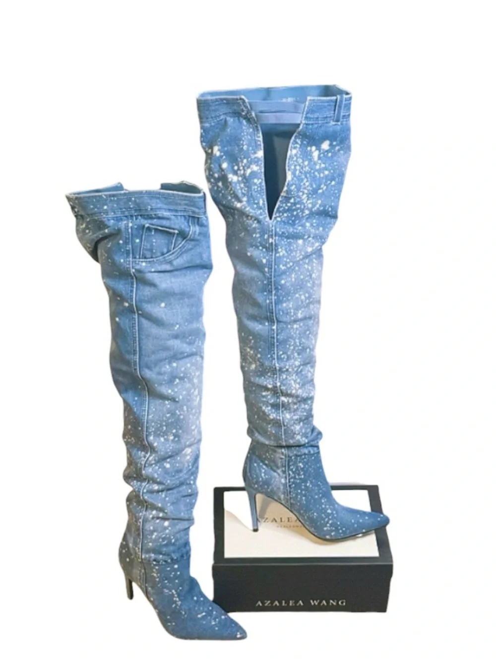 Azalea Wang Rare Designer Denim Paint Splatter Stiletto thigh-high Boots Size 6